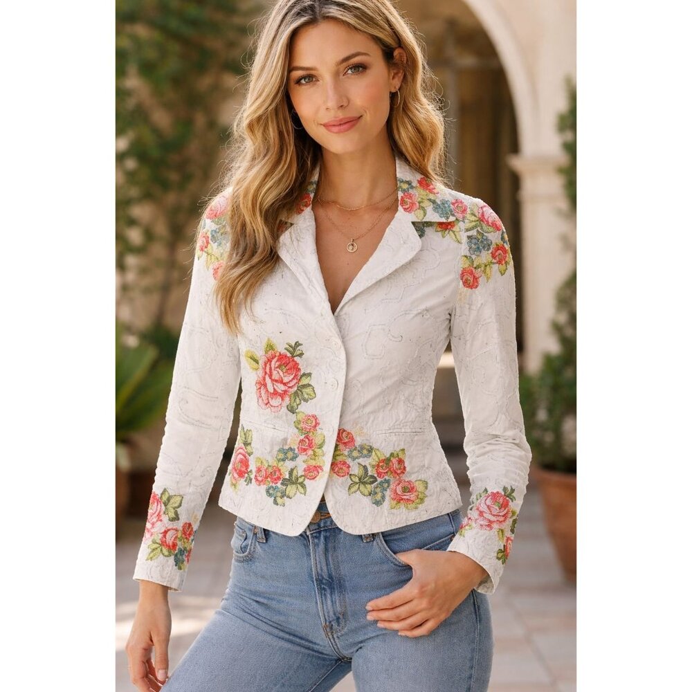 NWT $350 Johnny Was Embroidered Floral Denim Blazer White Size XS